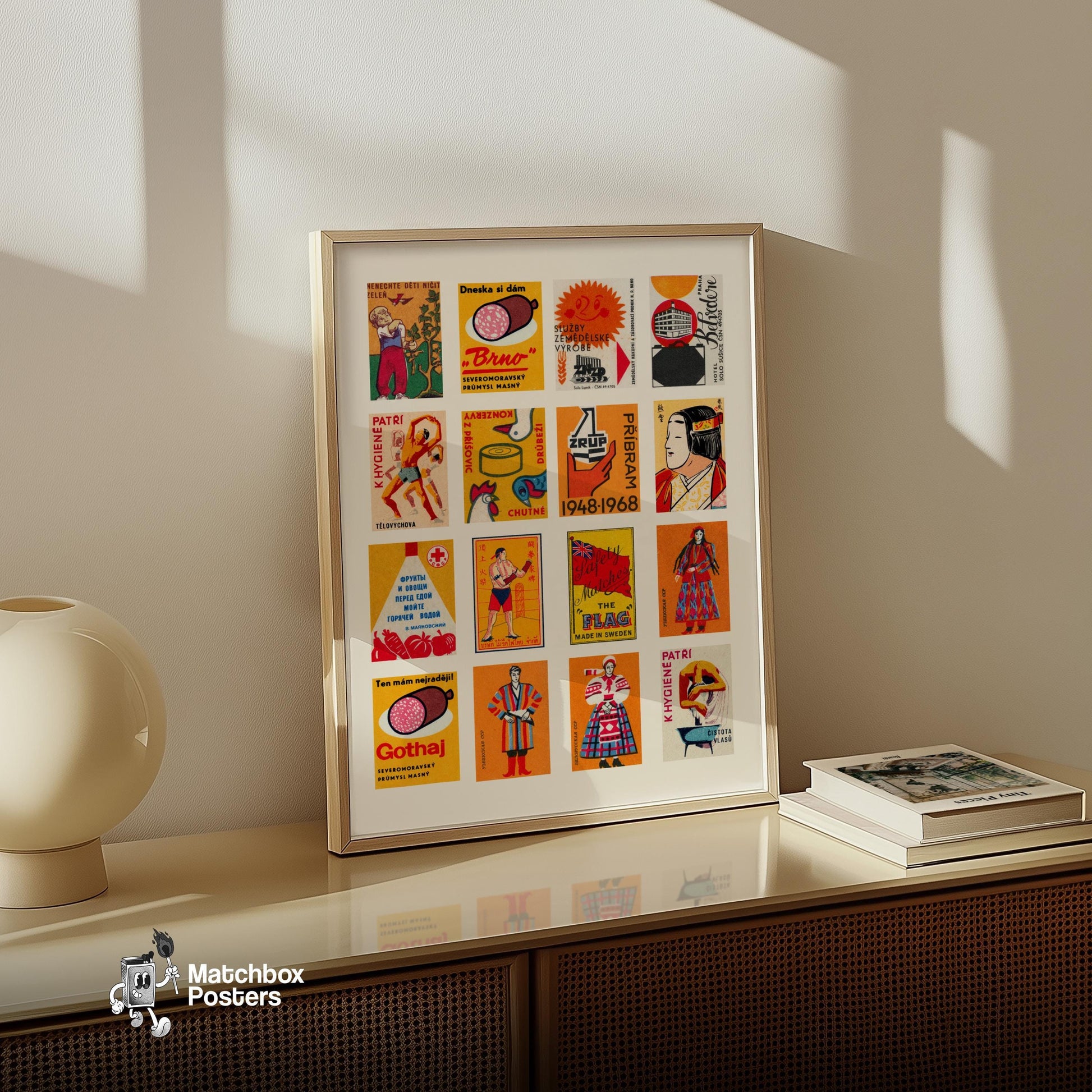 Orange and Red Collage - vintage matchbox label print - bedroom mockup