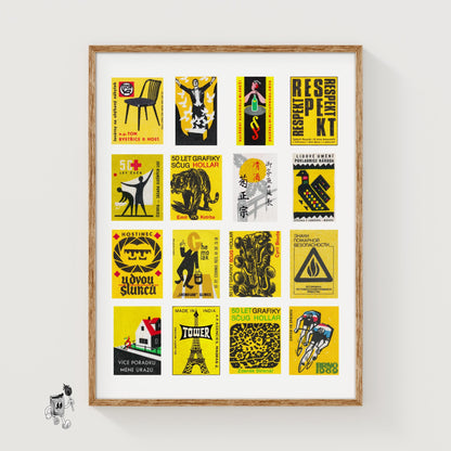 Yellow and Black Collage - vintage matchbox label print