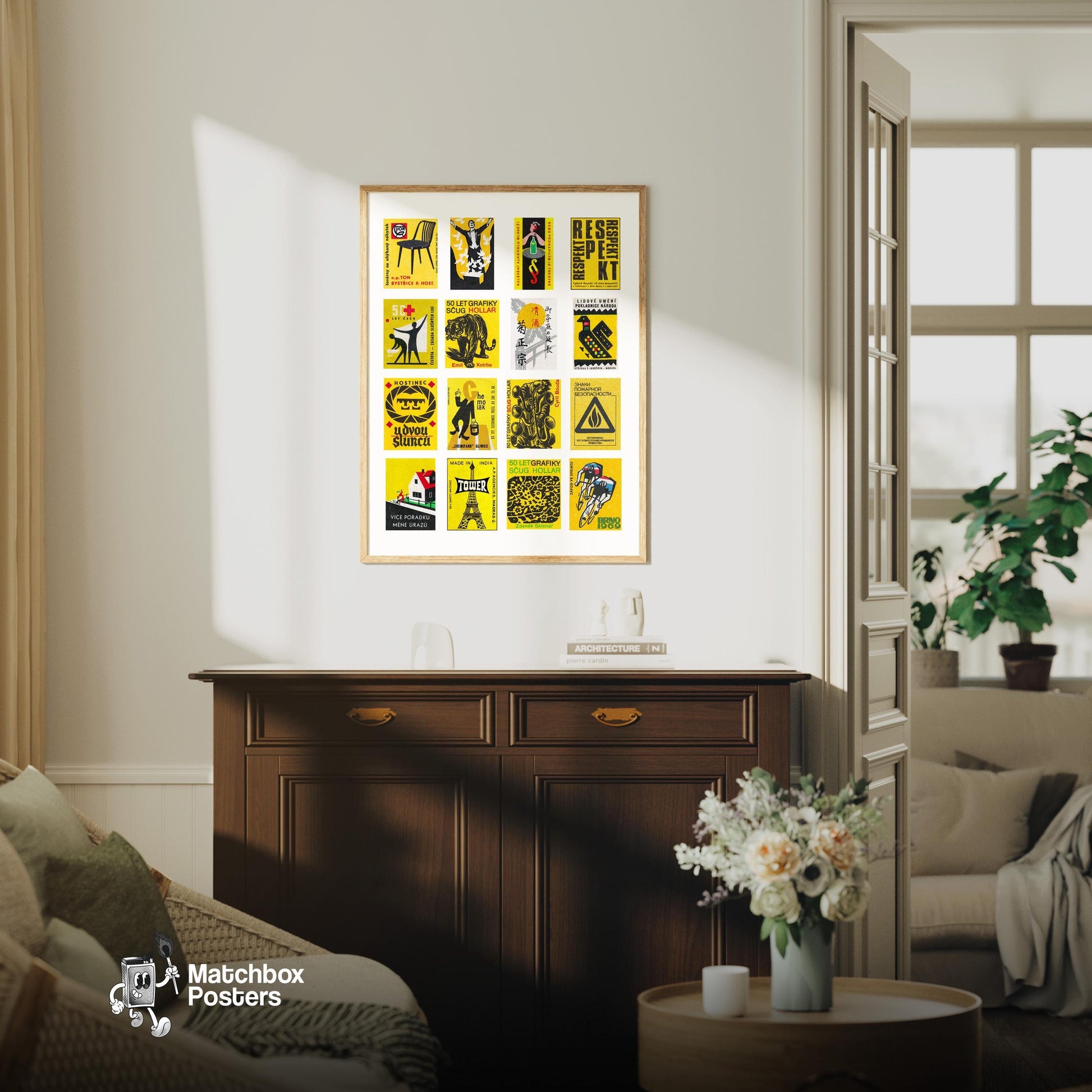 Yellow and Black Collage - vintage matchbox label print - framed wall art preview
