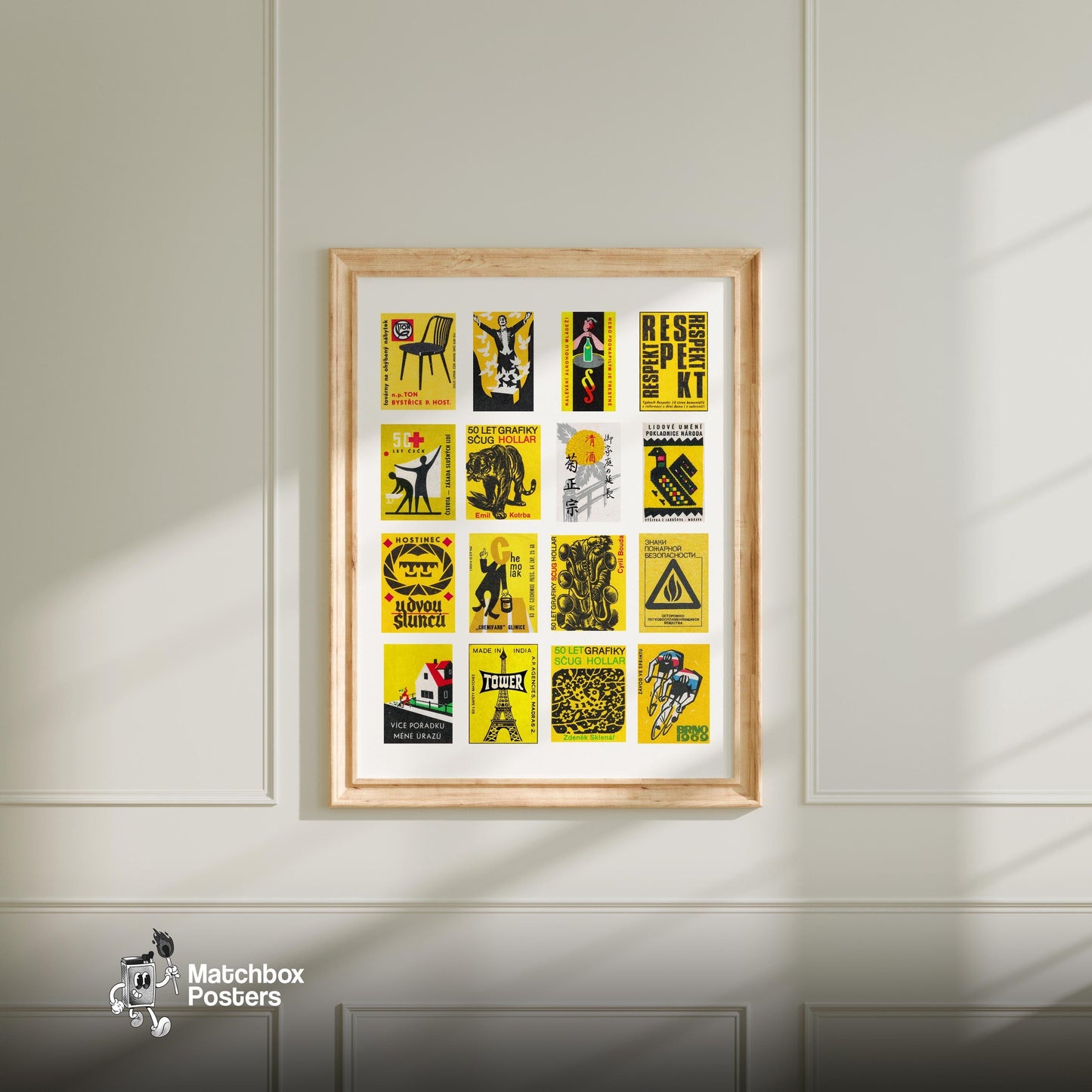 Yellow and Black Collage - vintage matchbox label print - living room mockup