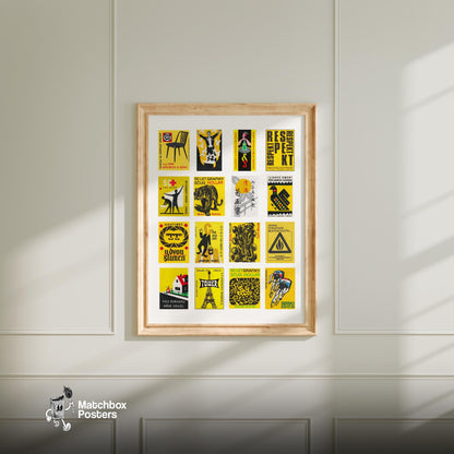 Yellow and Black Collage - vintage matchbox label print - living room mockup