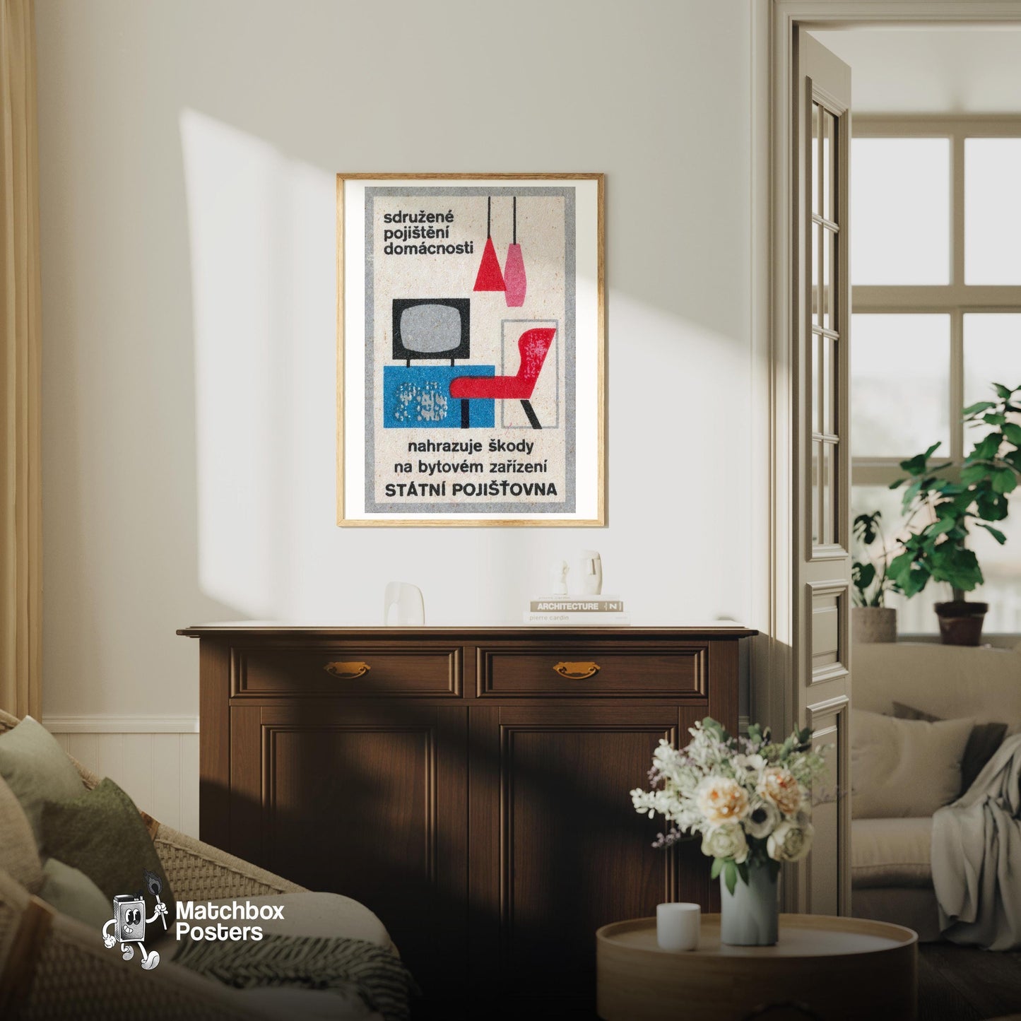Red Modern Furniture - vintage matchbox label print - living room mockup