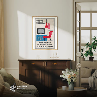 Red Modern Furniture - vintage matchbox label print - living room mockup