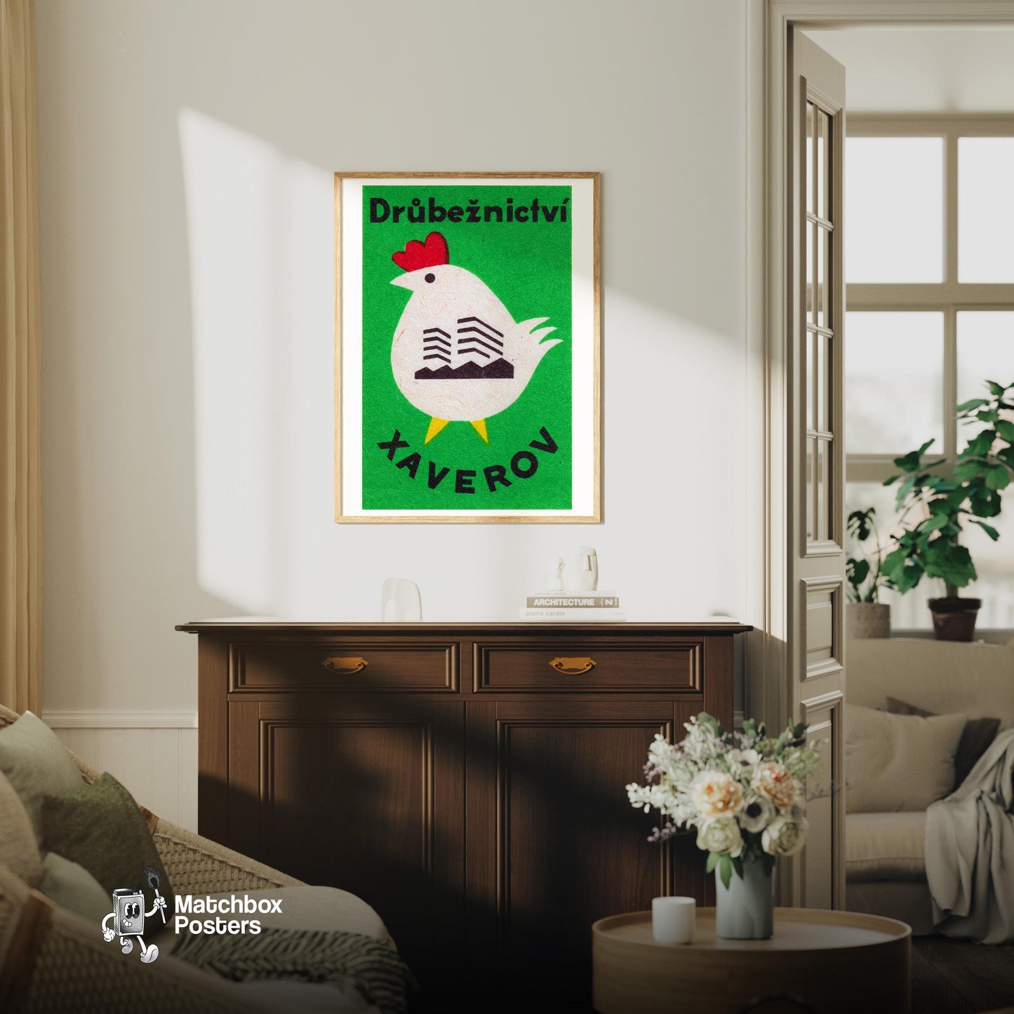 Chicken - vintage matchbox label print - living room mockup