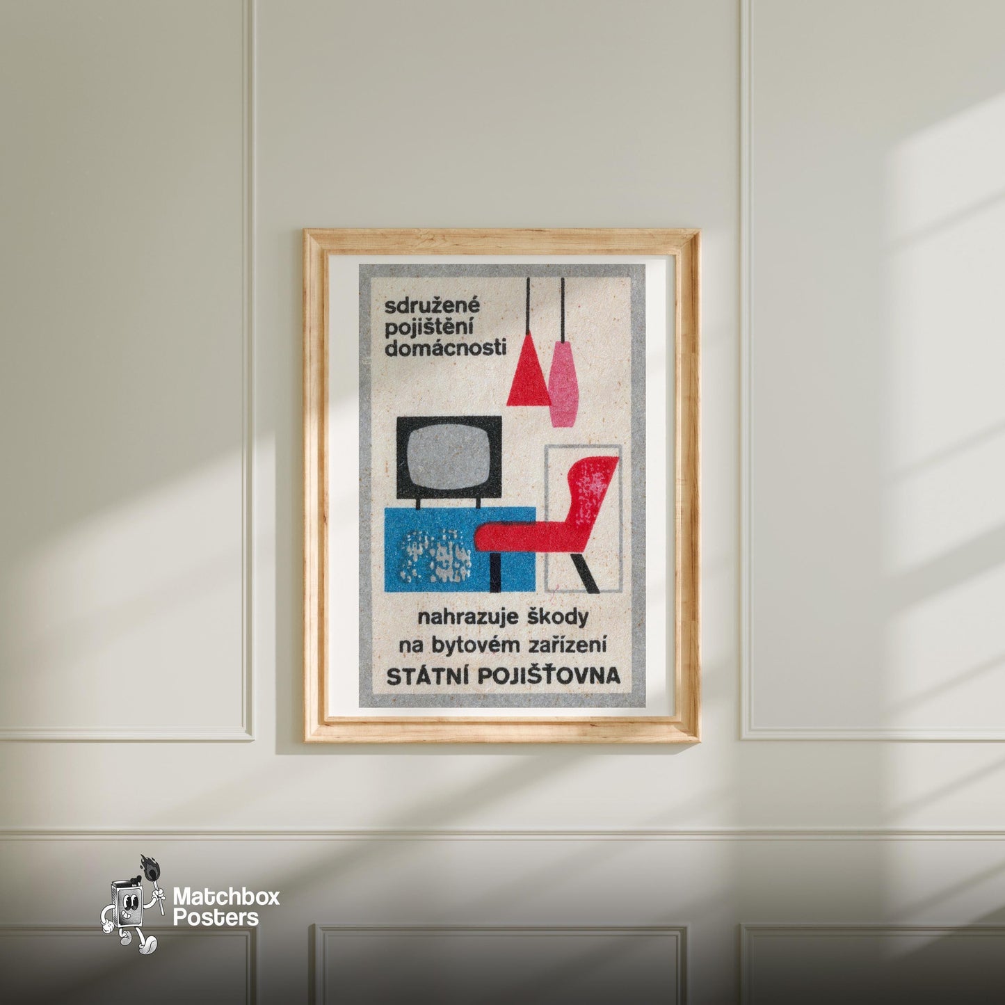Red Modern Furniture - vintage matchbox label print - bedroom mockup