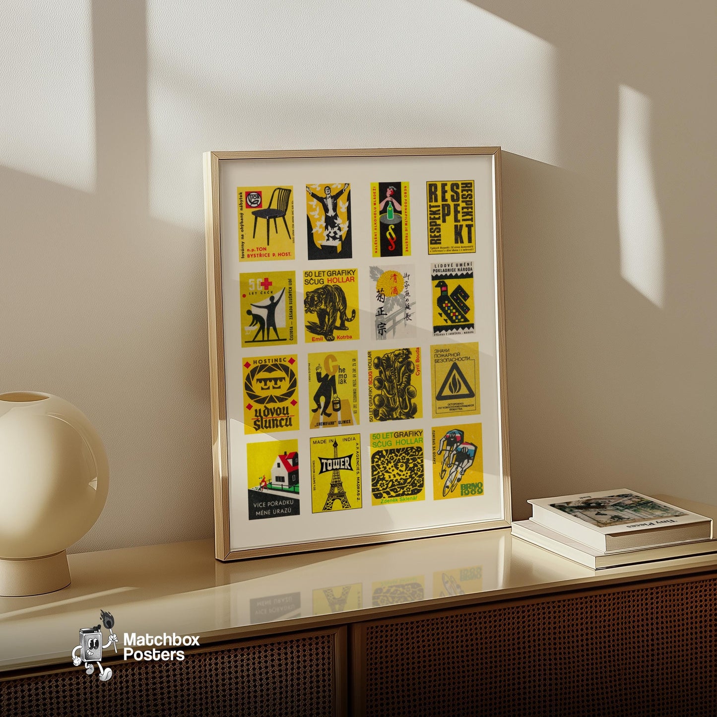 Yellow and Black Collage - vintage matchbox label print - bedroom mockup
