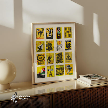 Yellow and Black Collage - vintage matchbox label print - bedroom mockup