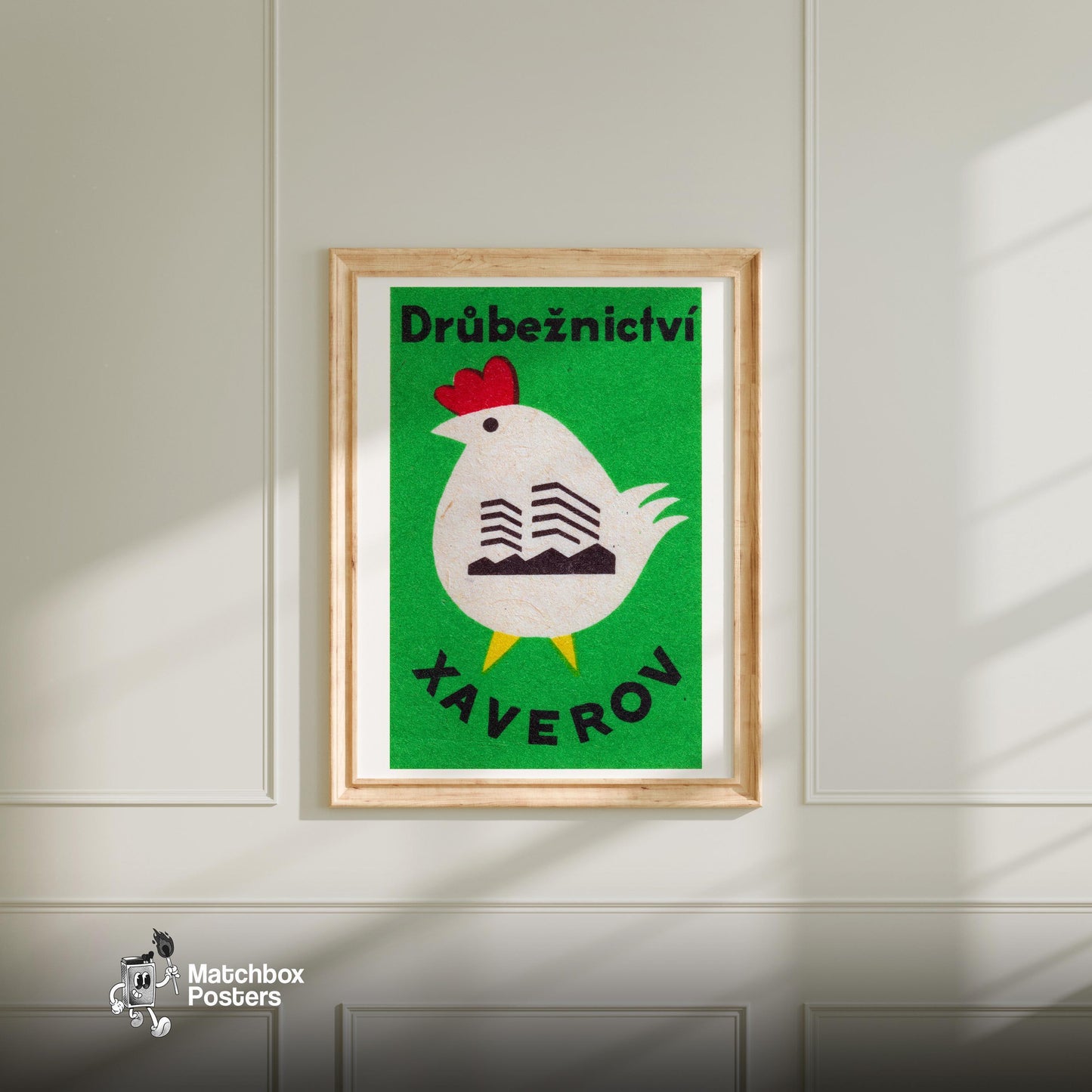 Chicken - vintage matchbox label print - bedroom mockup