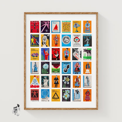 Cyrillics Grid Print - vintage matchbox label print