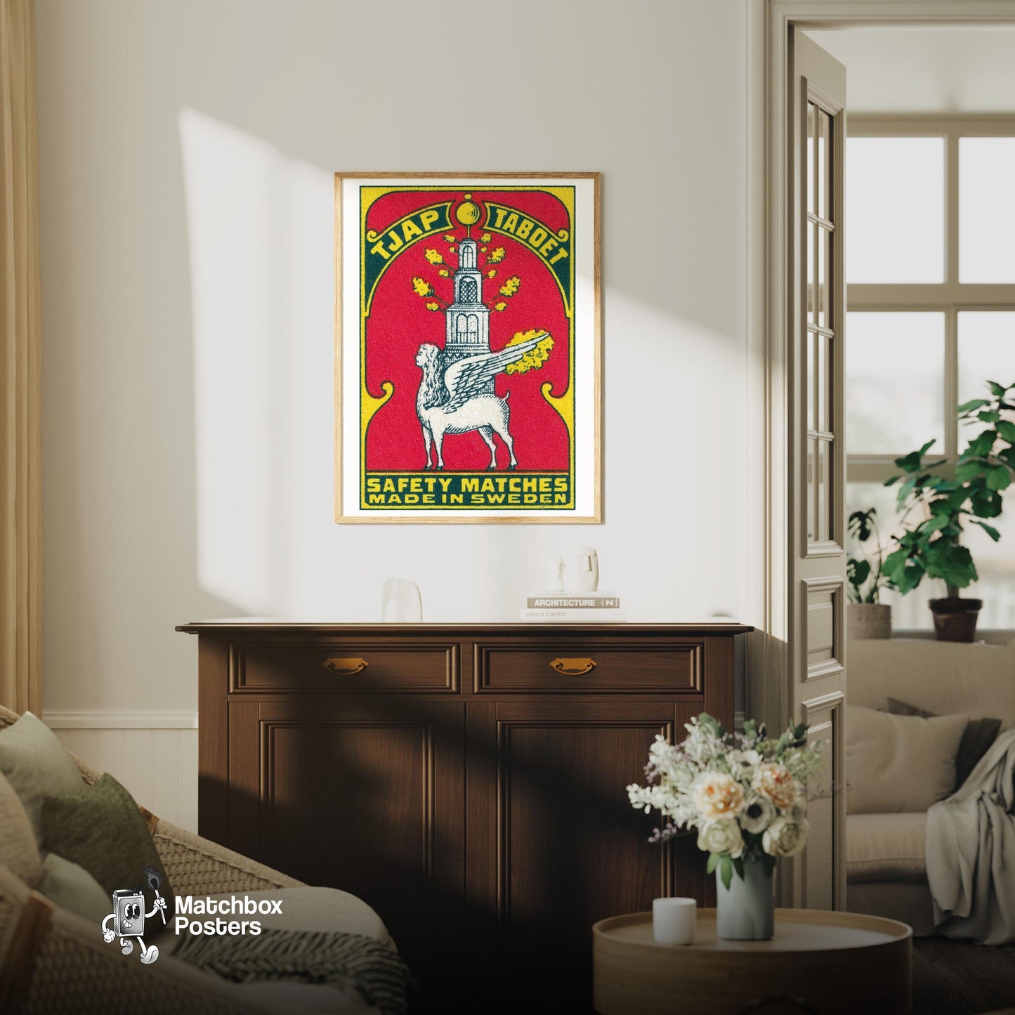 Winged Lion - vintage matchbox label print - living room mockup