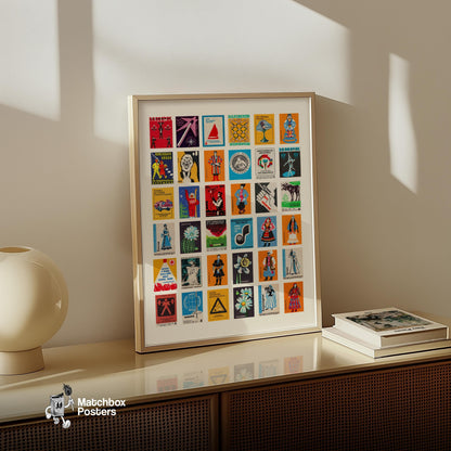 Cyrillics Grid Print - vintage matchbox label print - bedroom mockup