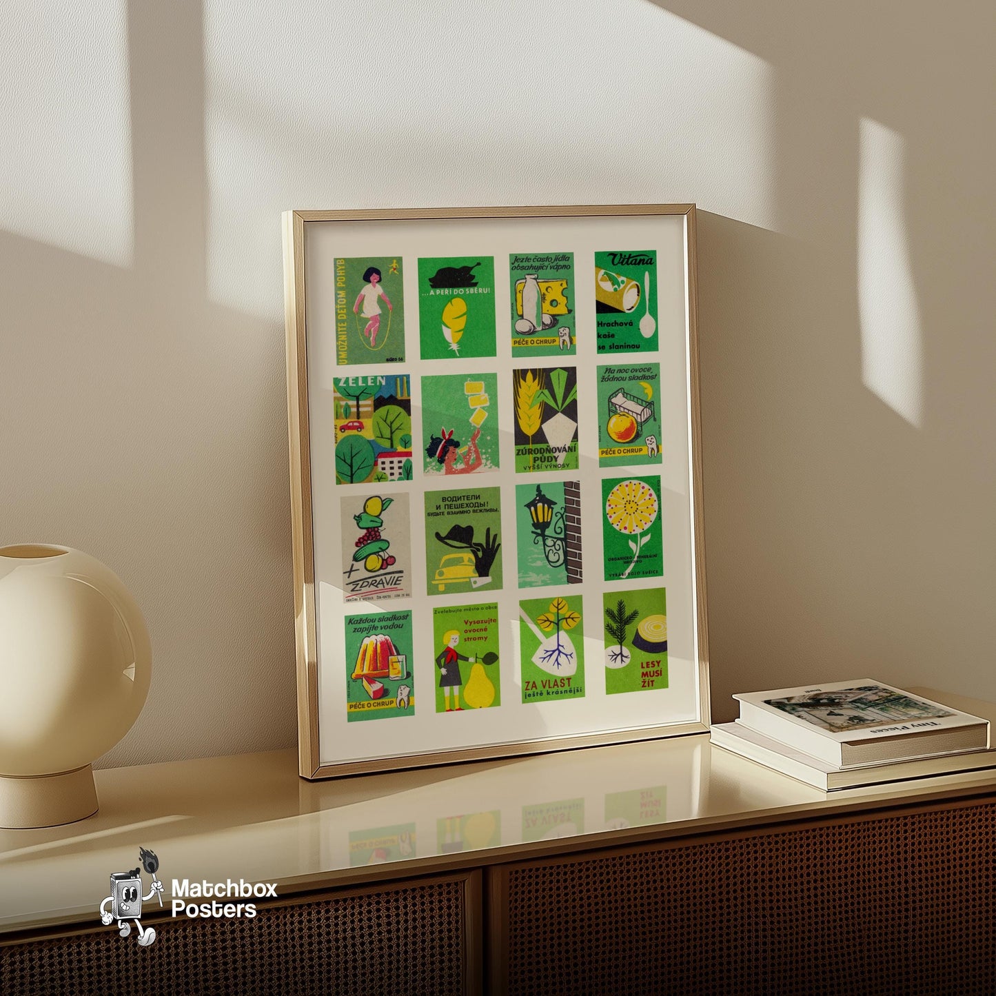 Green and Yellow Collage - vintage matchbox label print - bedroom mockup