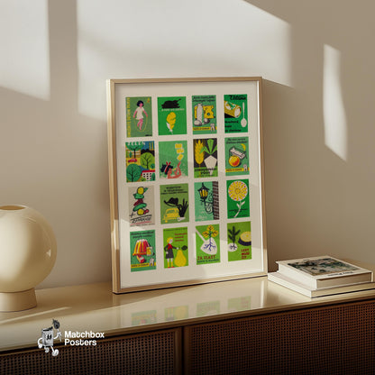 Green and Yellow Collage - vintage matchbox label print - bedroom mockup