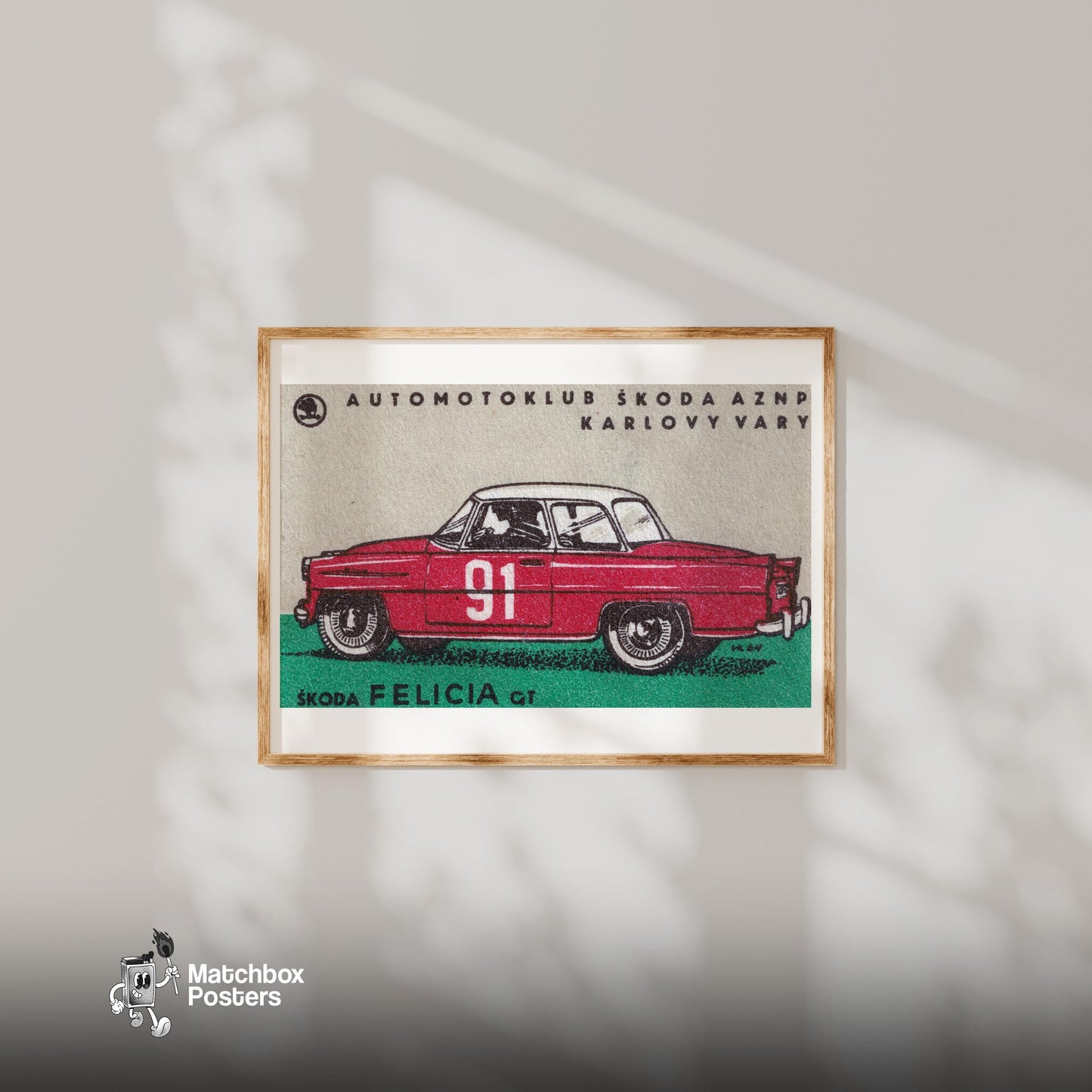 Czech Sports Car - vintage matchbox label print - bedroom mockup