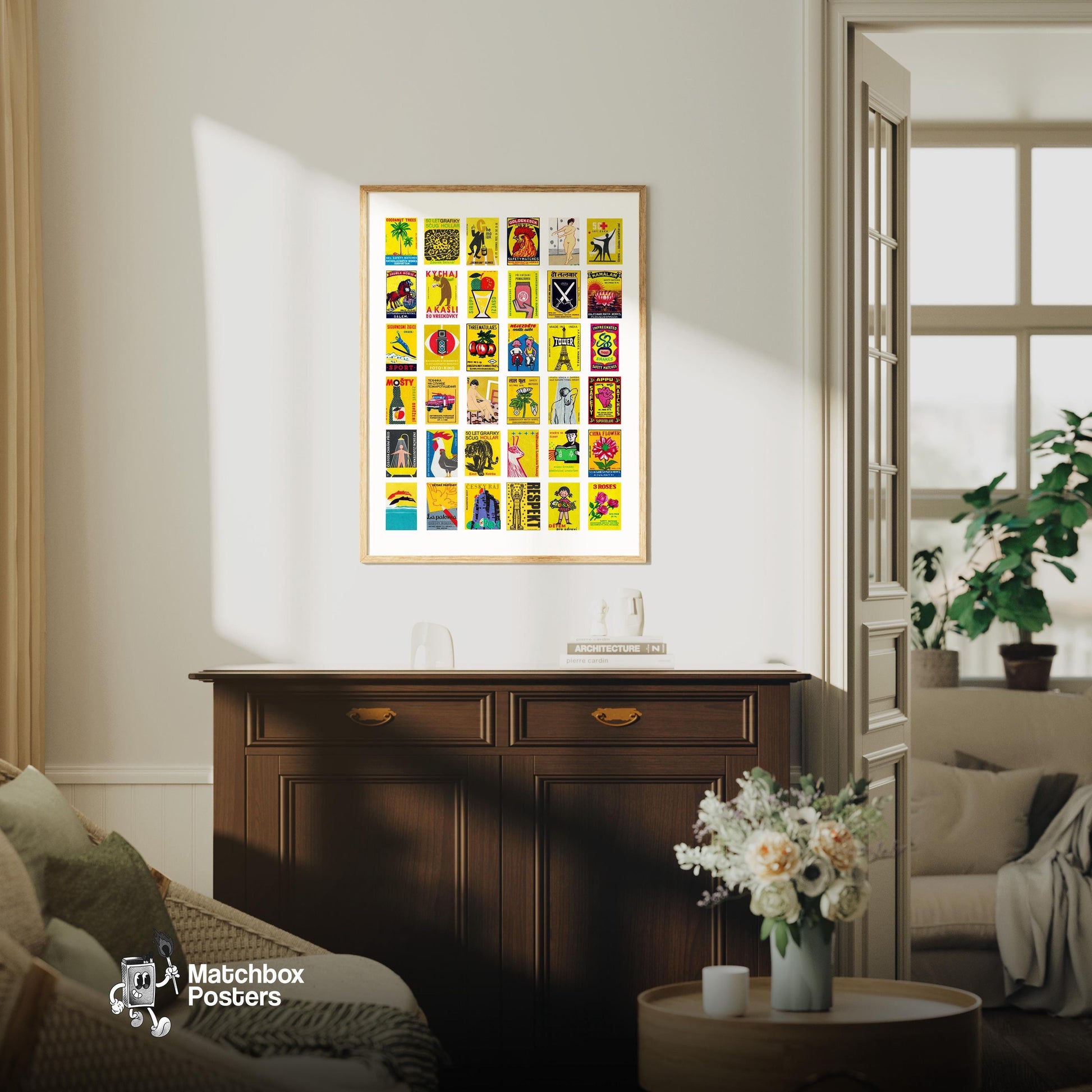 Yellows Grid Print - vintage matchbox label print - framed wall art preview