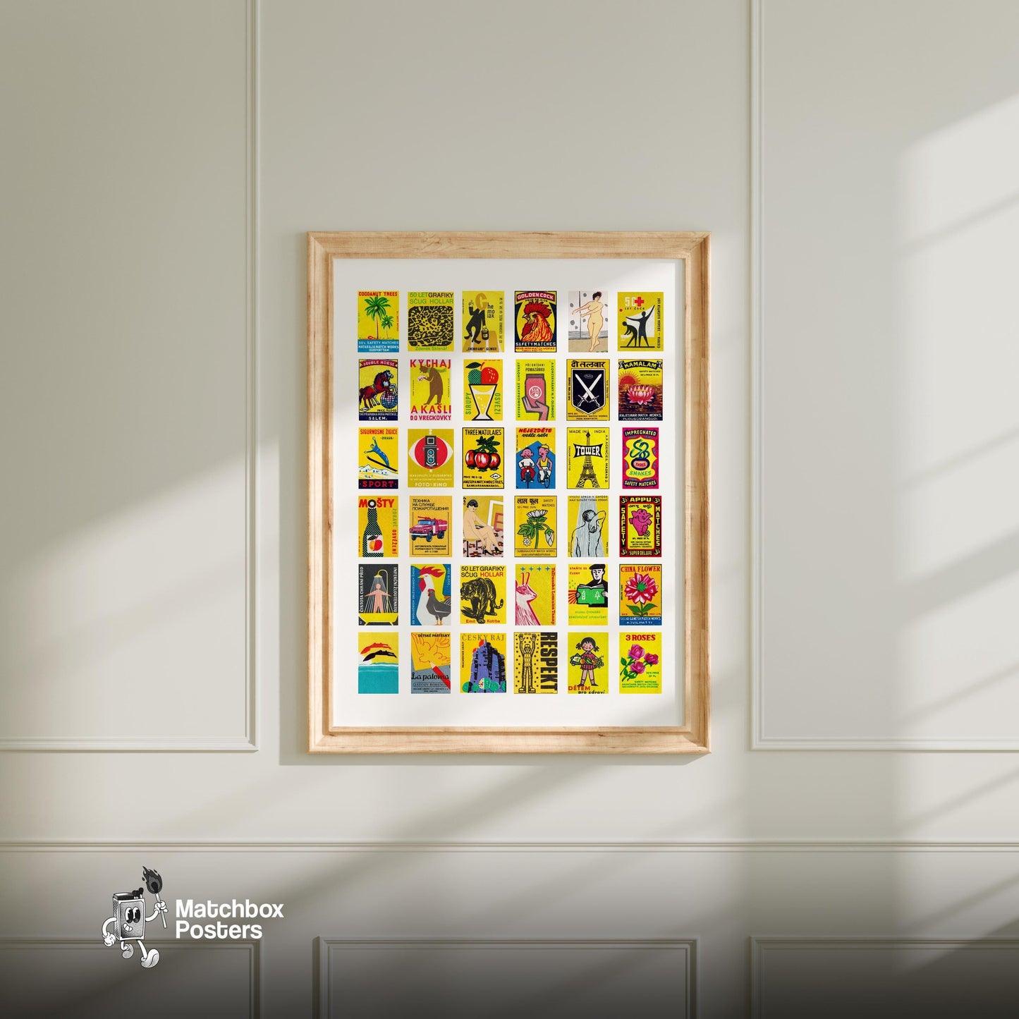 Yellows Grid Print - vintage matchbox label print - living room mockup