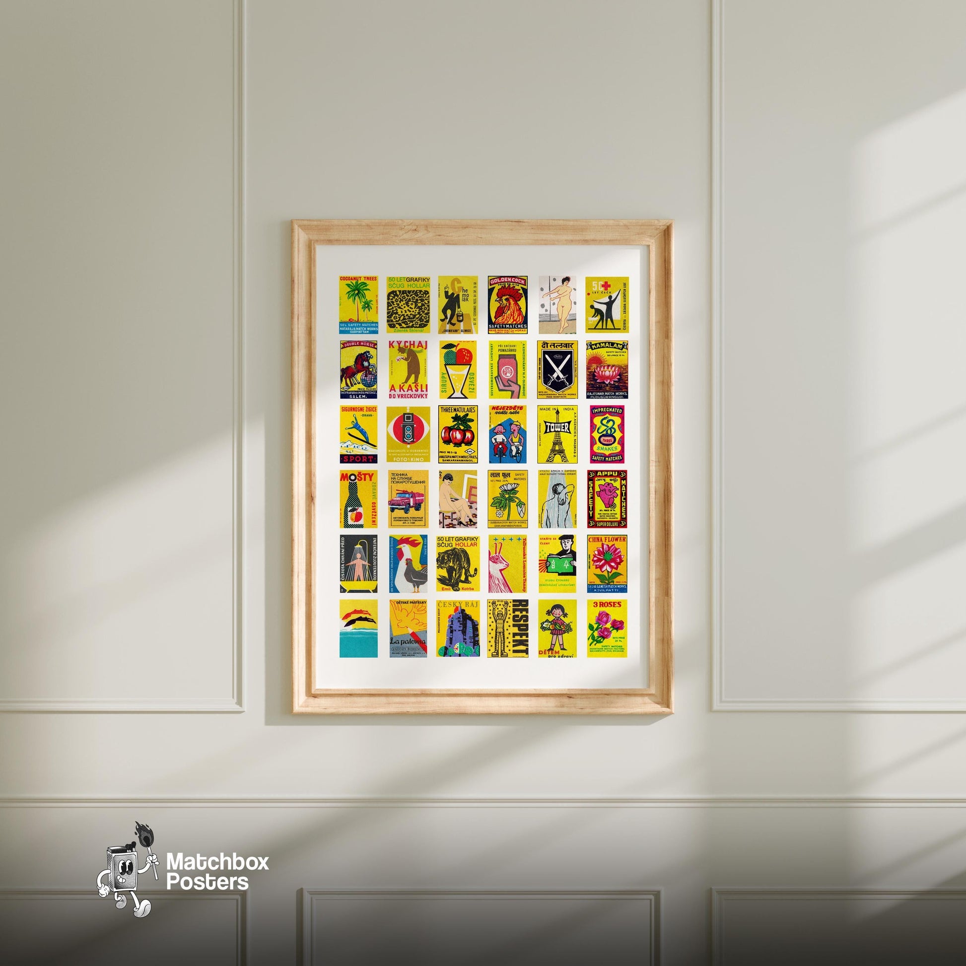 Yellows Grid Print - vintage matchbox label print - living room mockup