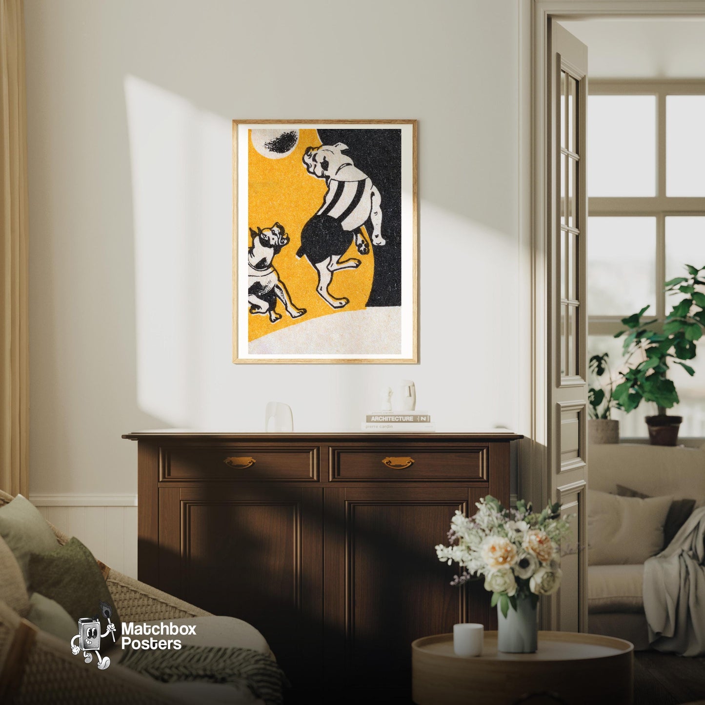 Bulldogs - vintage matchbox label print - living room mockup
