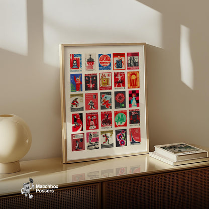 Matchbox Grid - vintage matchbox label print - bedroom mockup