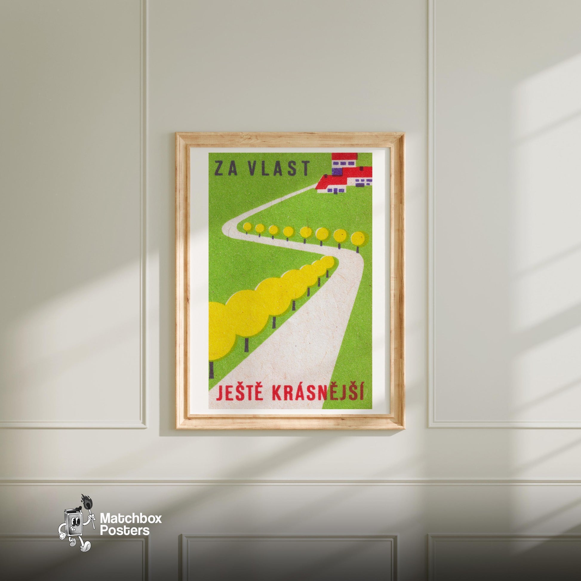 Countryside Road - vintage matchbox label print - bedroom mockup