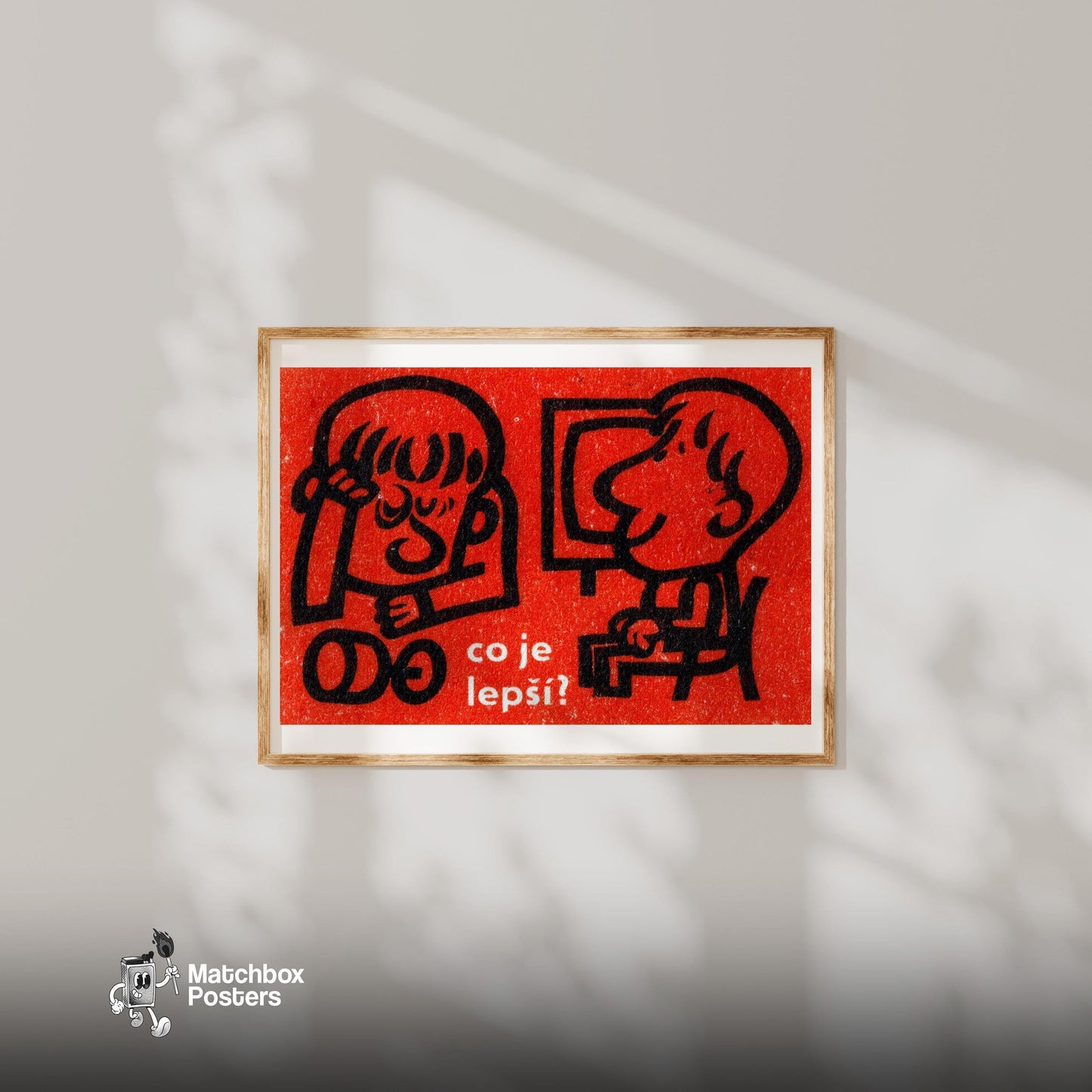 Two Cartoon Figures - vintage matchbox label print - bedroom mockup