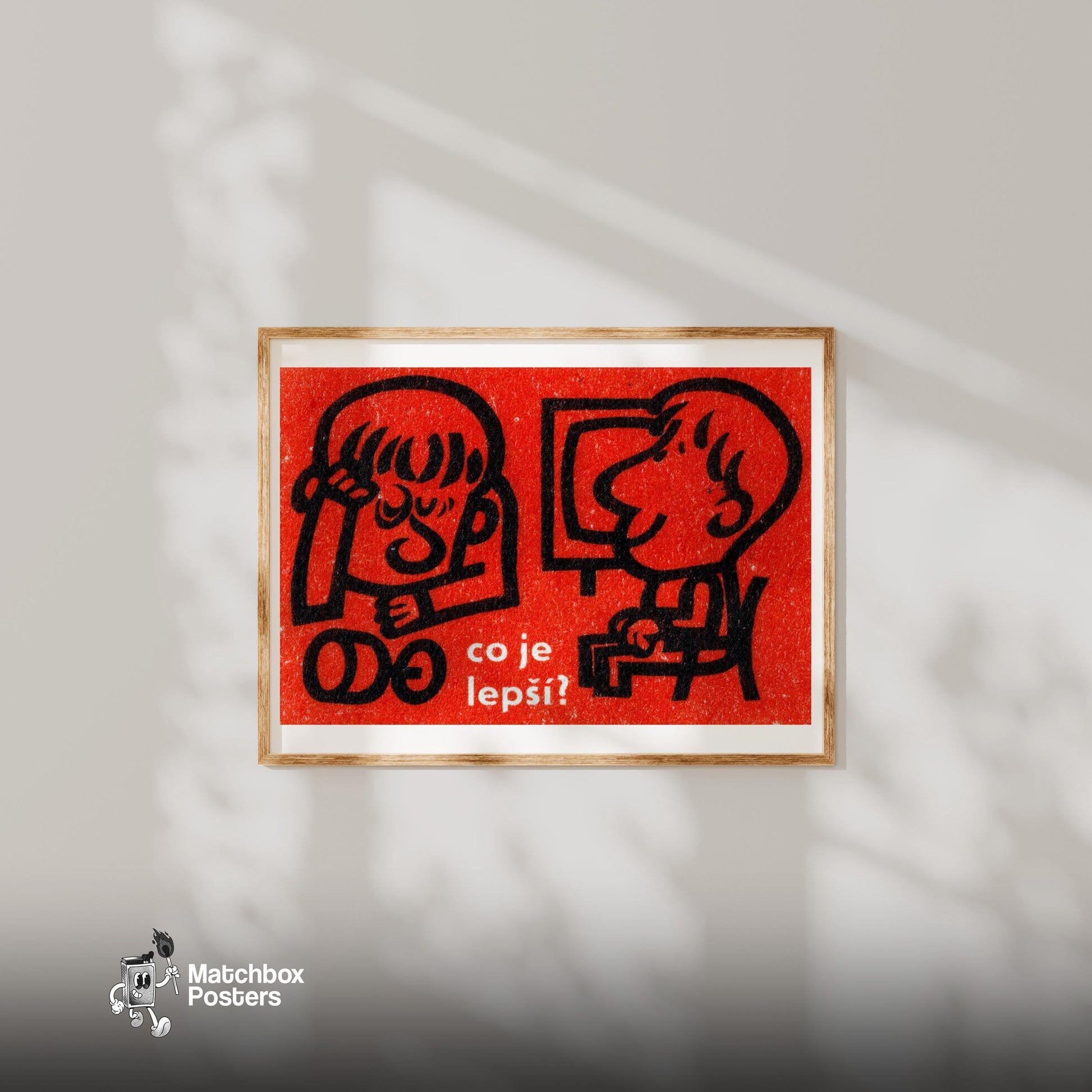 Two Cartoon Figures - vintage matchbox label print - bedroom mockup