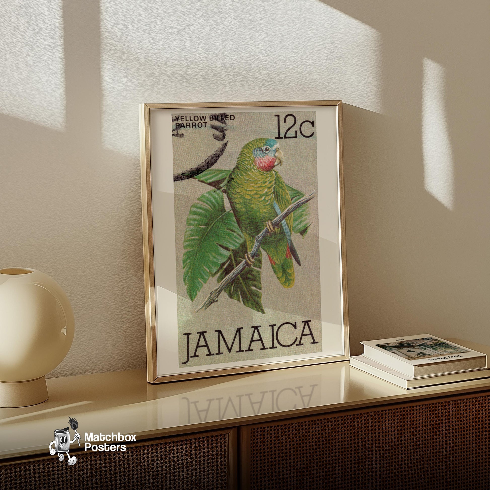 Green Parrot - vintage matchbox label print - size comparison