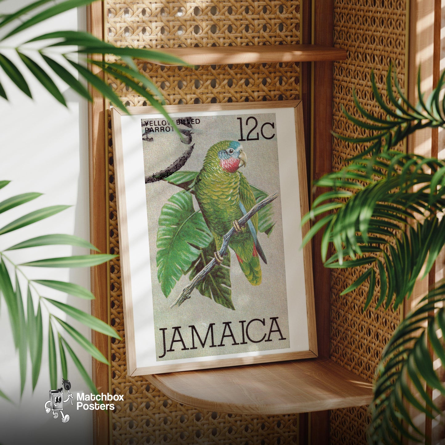 Green Parrot - vintage matchbox label print - office wall
