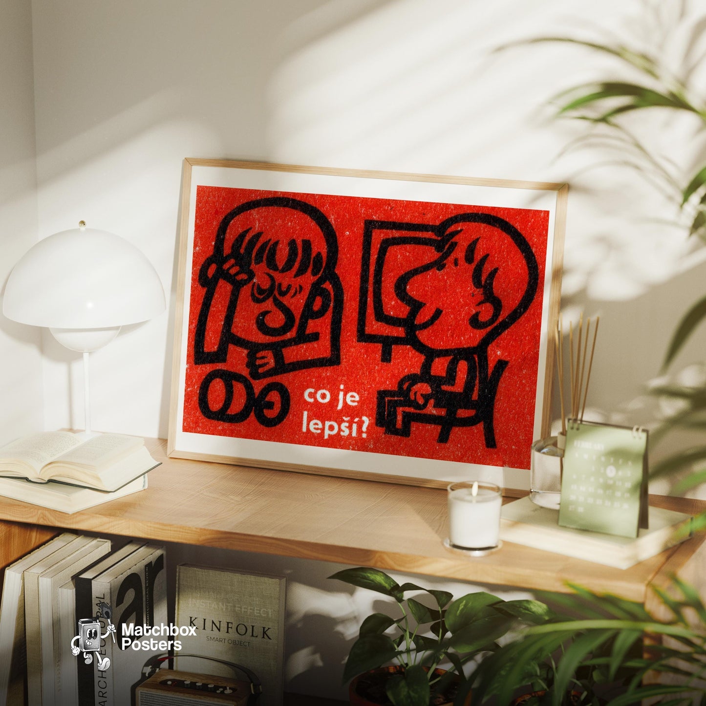 Two Cartoon Figures - vintage matchbox label print - office wall