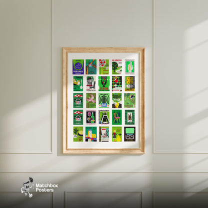 Green matchbox labels Collage - vintage matchbox label print - living room mockup