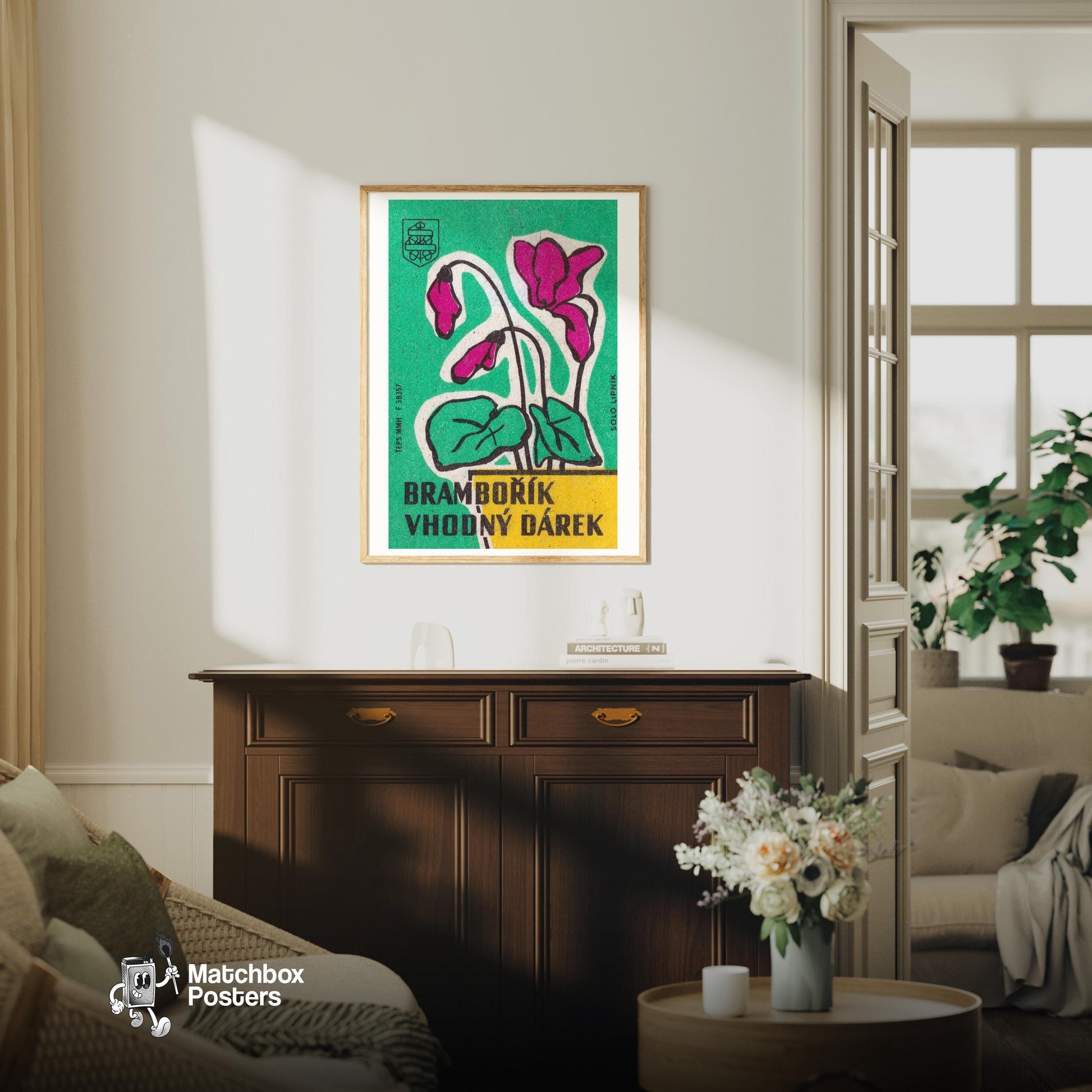 Cyclamen Flowers - vintage matchbox label print - living room mockup
