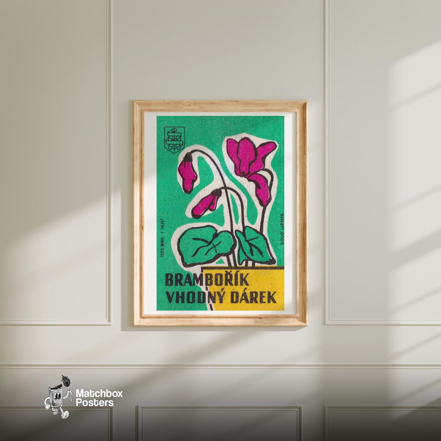 Cyclamen Flowers - vintage matchbox label print - bedroom mockup