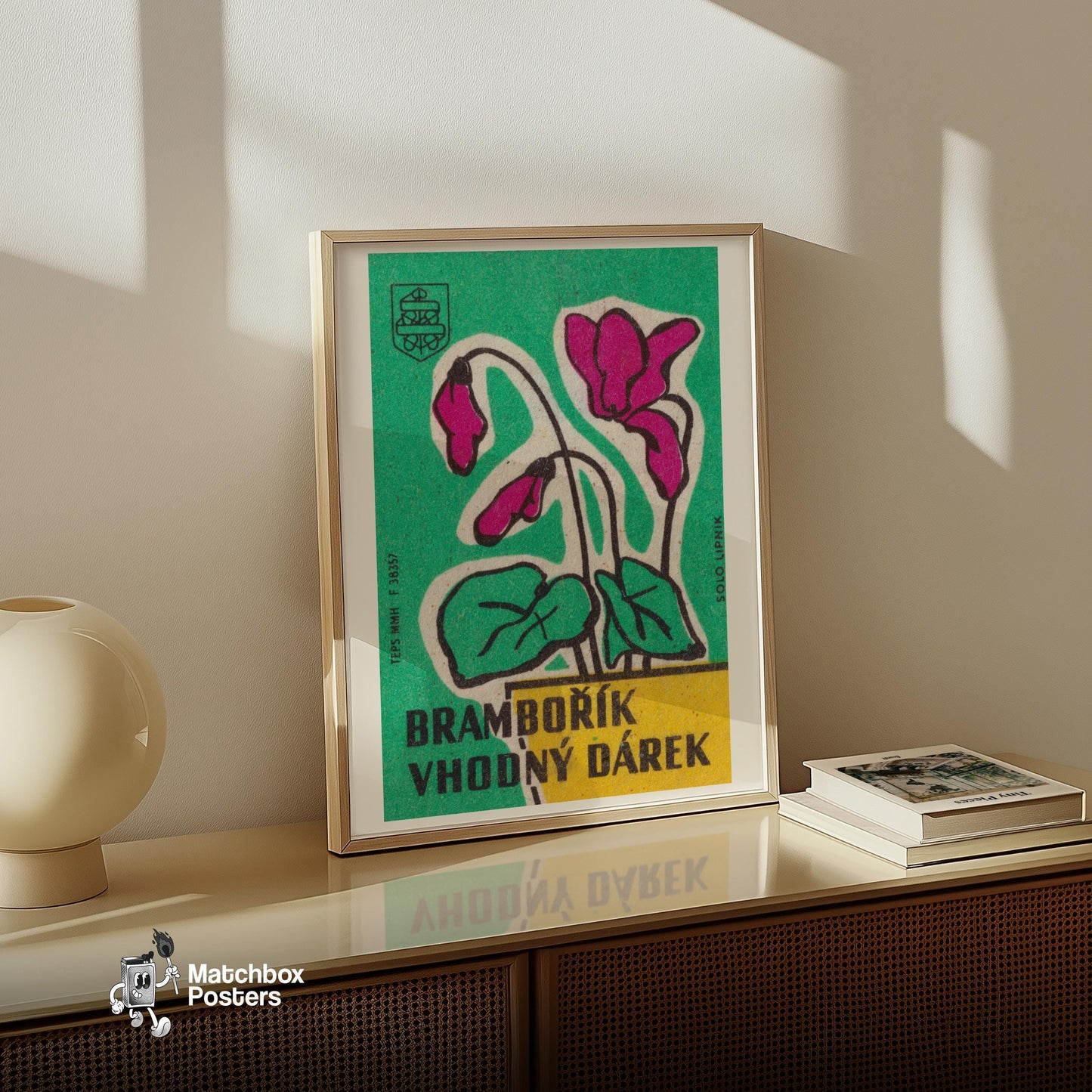 Cyclamen Flowers - vintage matchbox label print - size comparison
