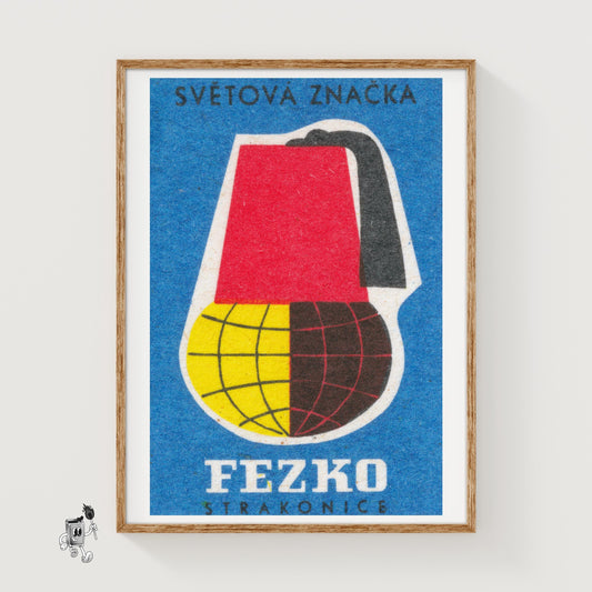 Fez Hat Globe - vintage matchbox label print