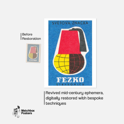 Fez Hat Globe - vintage matchbox label print - framed wall art preview