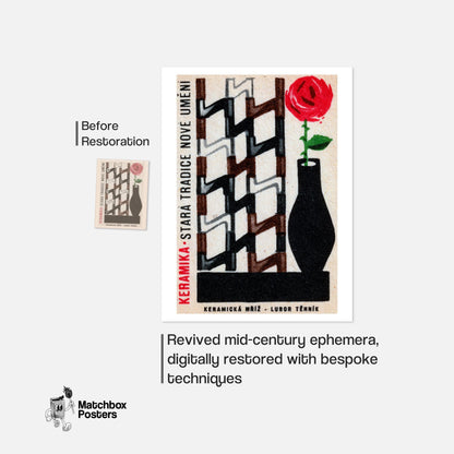 Red Rose in Vase - vintage matchbox label print - framed wall art preview