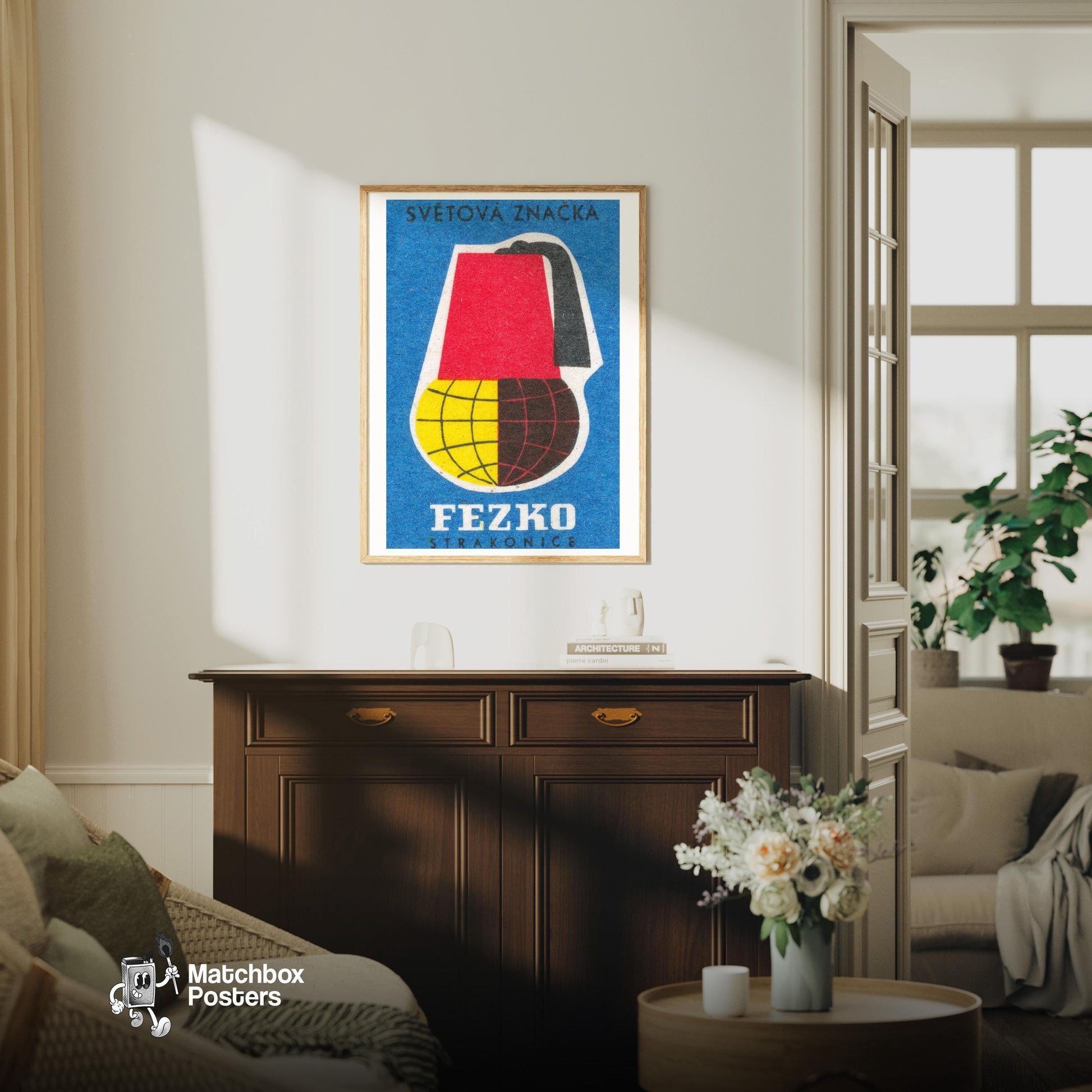 Fez Hat Globe - vintage matchbox label print - living room mockup