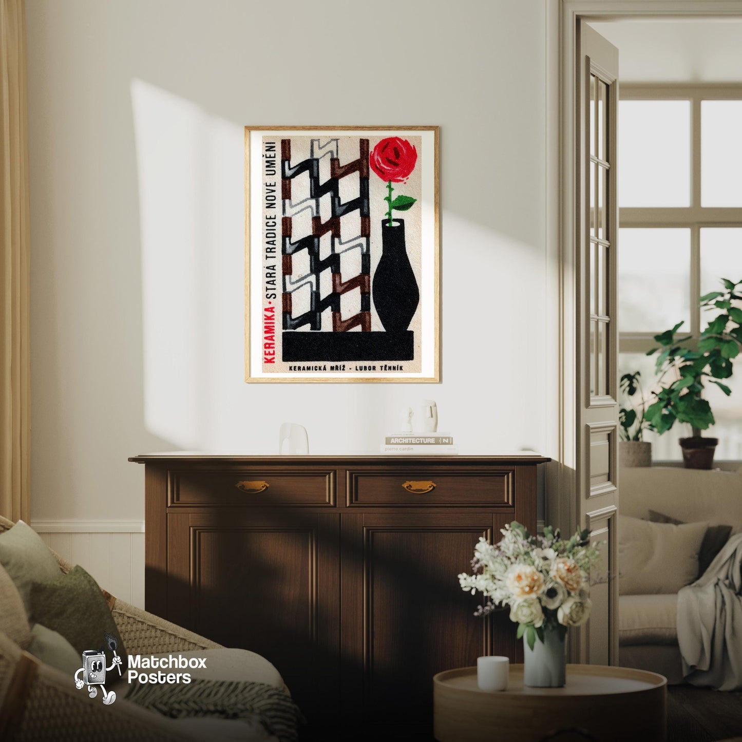 Red Rose in Vase - vintage matchbox label print - living room mockup