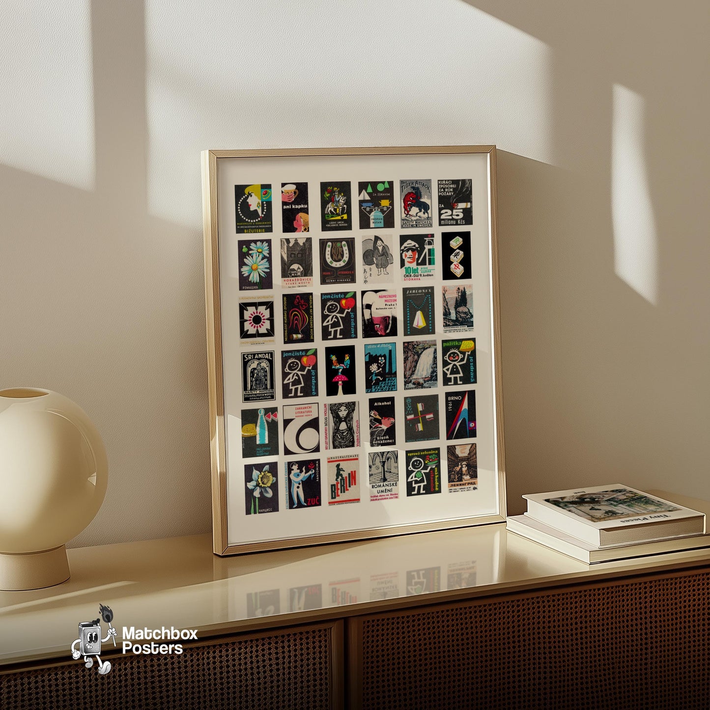 Black Collage Print - vintage matchbox label print - bedroom mockup