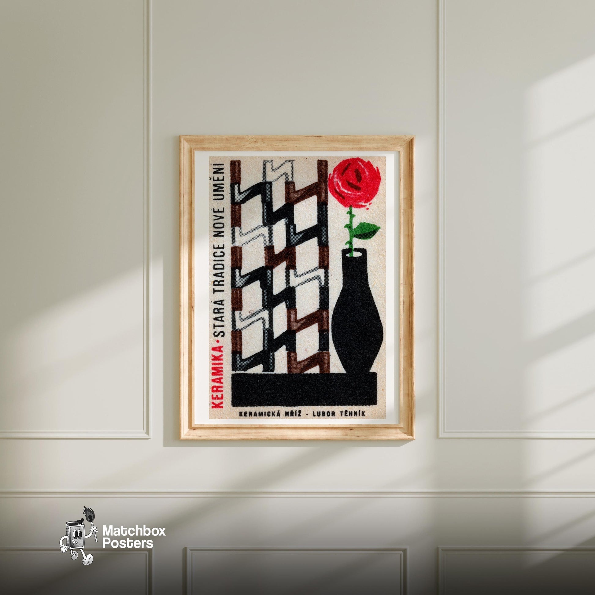 Red Rose in Vase - vintage matchbox label print - bedroom mockup