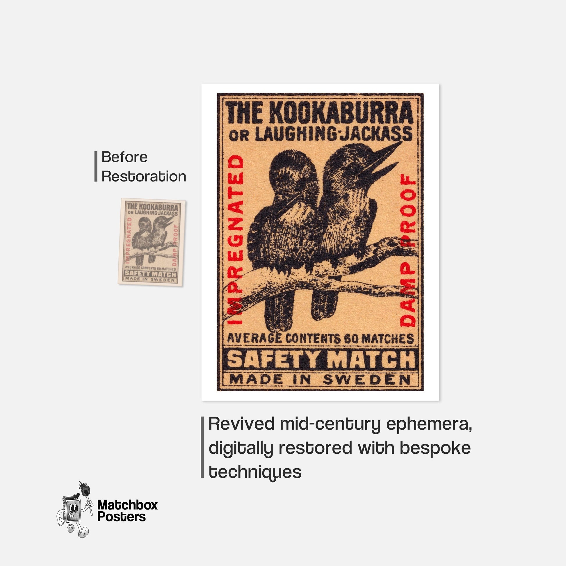 Kookaburra - vintage matchbox label print - framed wall art preview