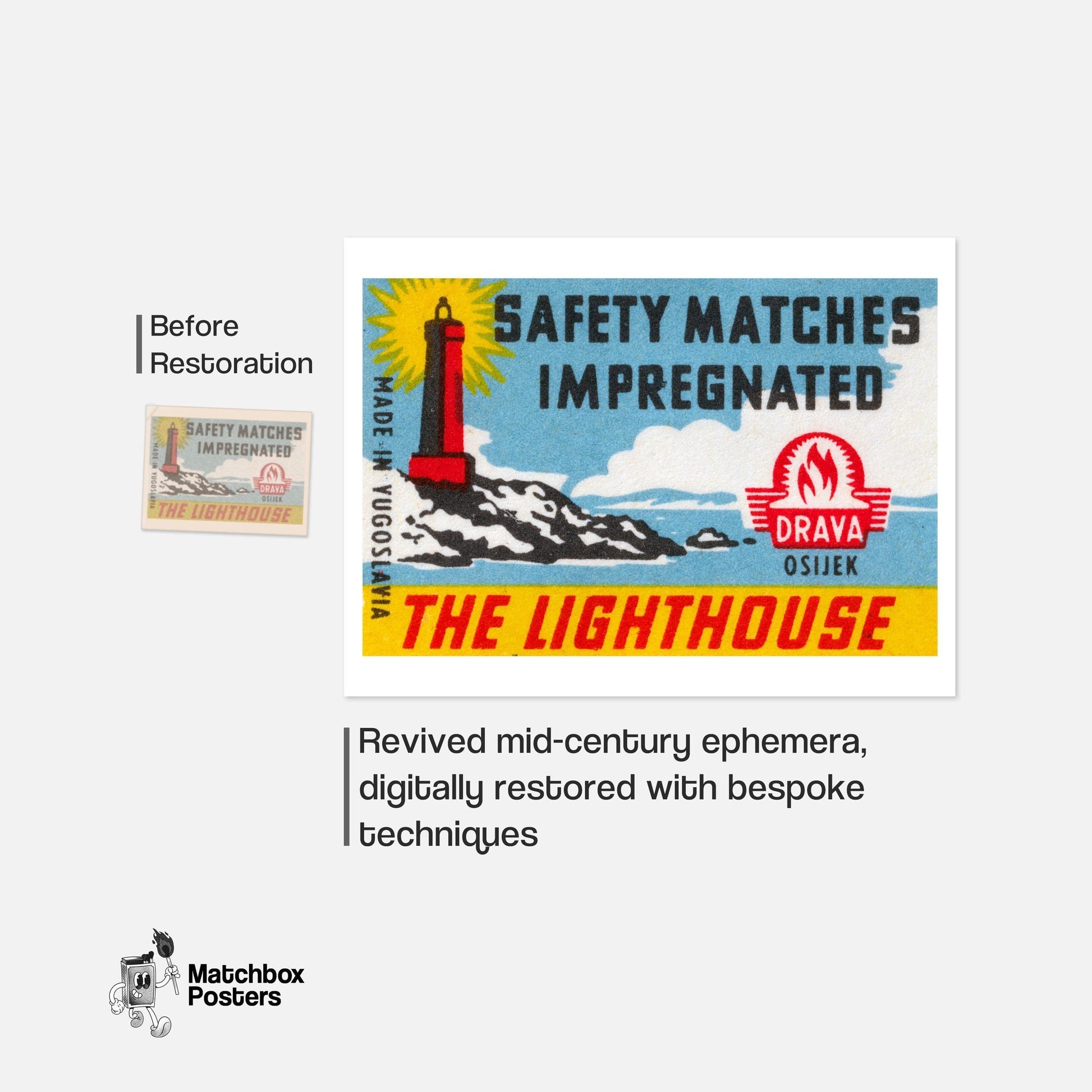 The Lighthouse - vintage matchbox label print - framed wall art preview