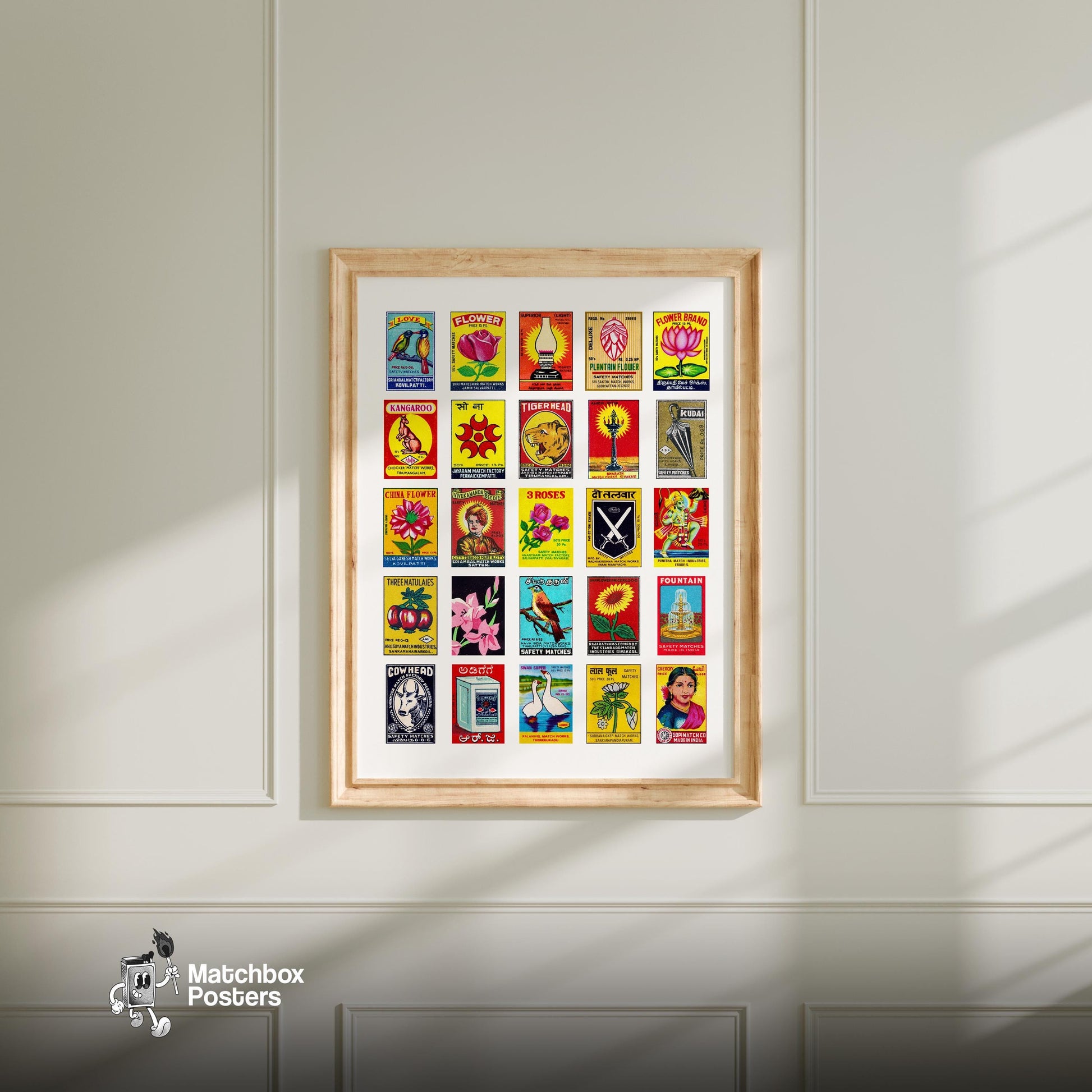 Indians Grid Print - vintage matchbox label print - living room mockup