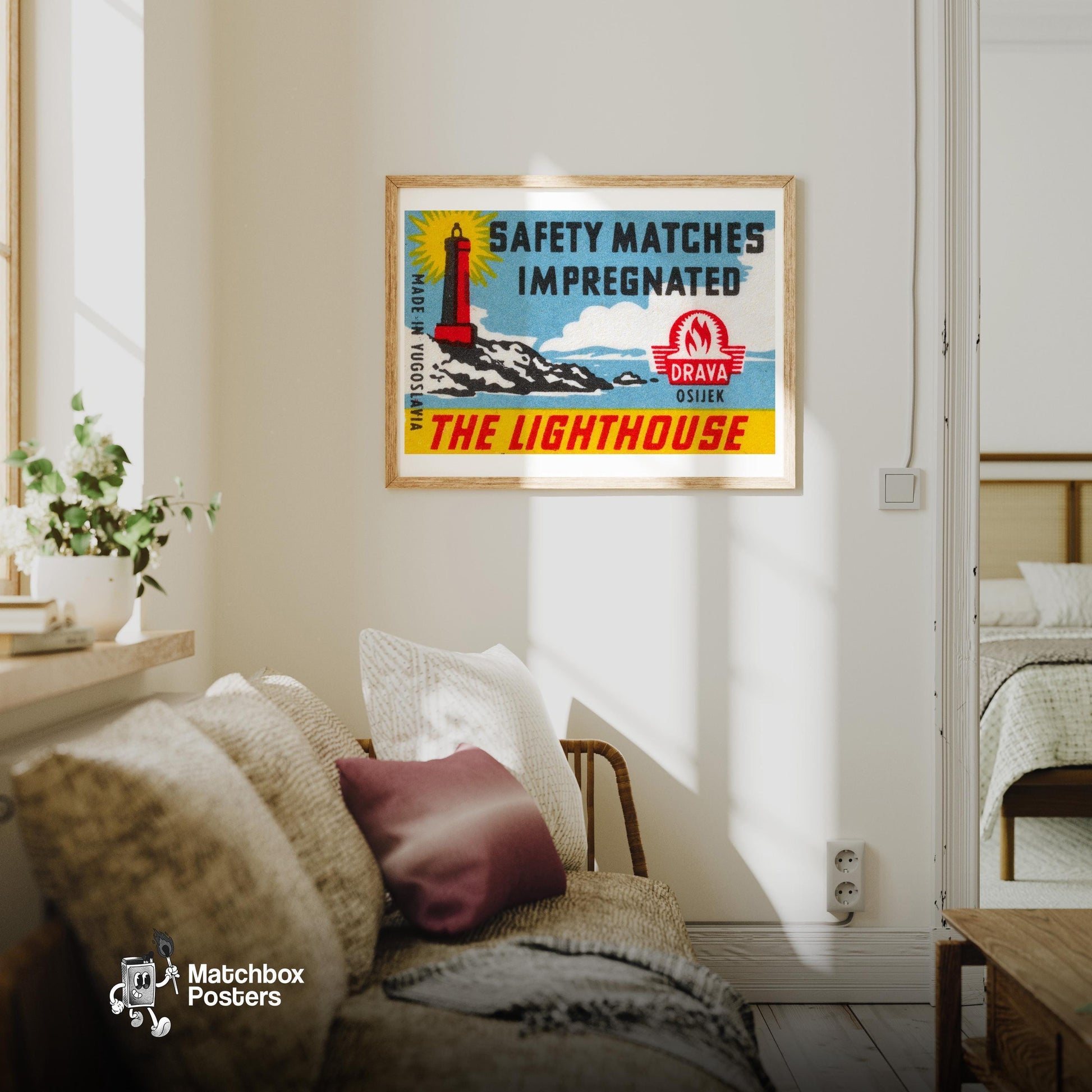 The Lighthouse - vintage matchbox label print - living room mockup