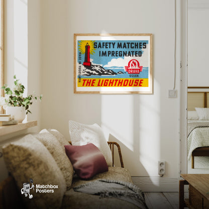 The Lighthouse - vintage matchbox label print - living room mockup