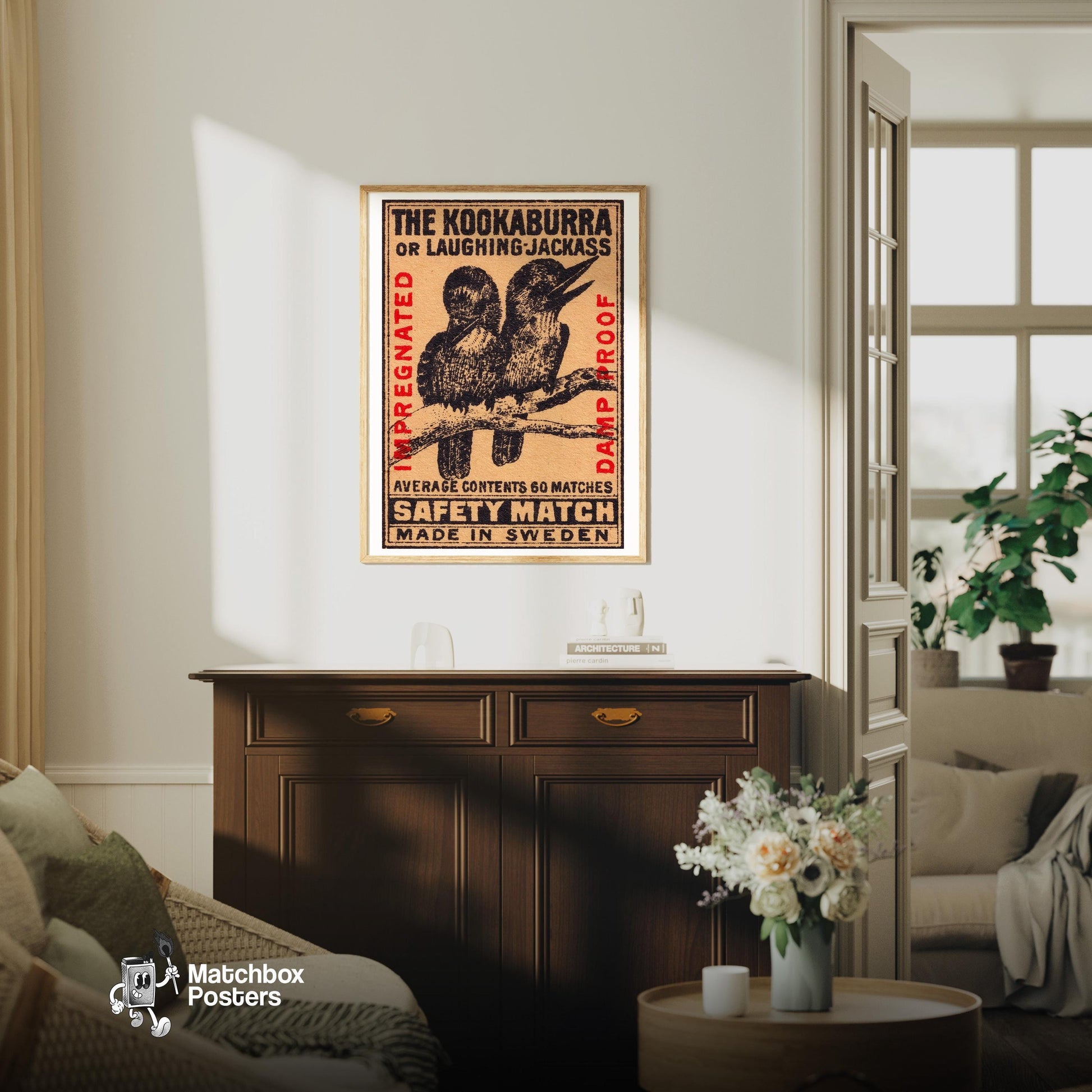 Kookaburra - vintage matchbox label print - living room mockup