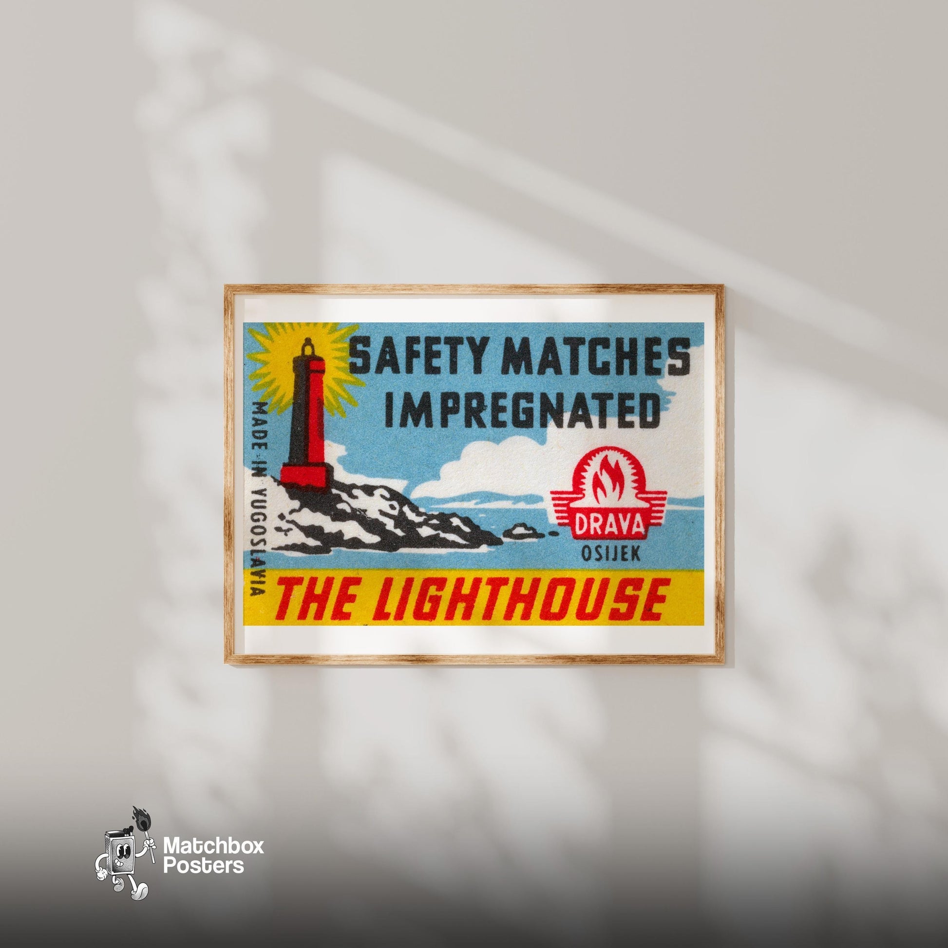 The Lighthouse - vintage matchbox label print - bedroom mockup