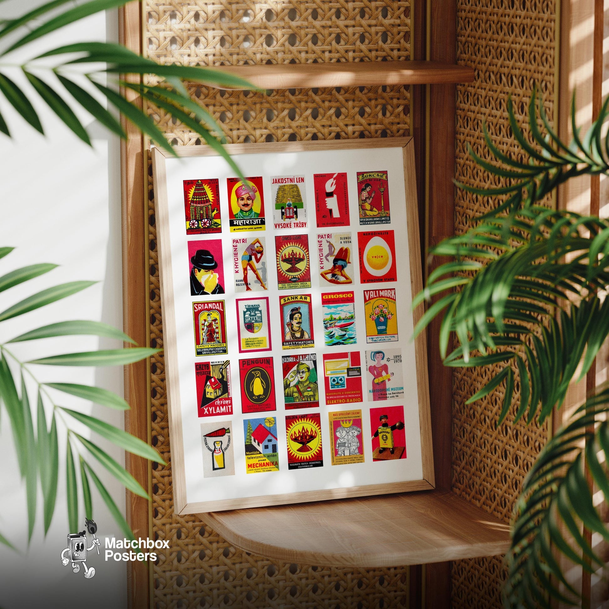 Red matchbox labels Collage - vintage matchbox label print - bedroom mockup