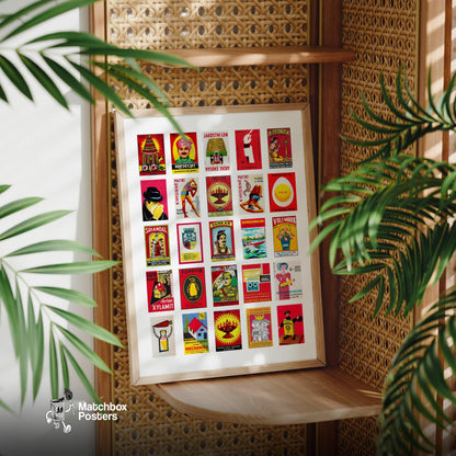 Red matchbox labels Collage - vintage matchbox label print - bedroom mockup