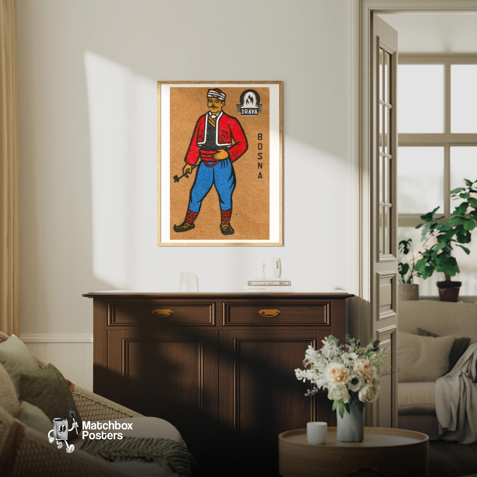 Man Bosna - vintage matchbox label print - living room mockup